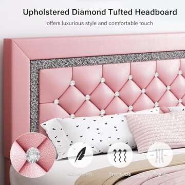 Queen Bed Frame, Upholstered Platform Bed with Diamond Button Tufted Headboard, Pink Queen Bed Frame, Princess Bed Frame with Crystal Tufted Headboard, Wooden Slats Support, Easy Assembly, Pink