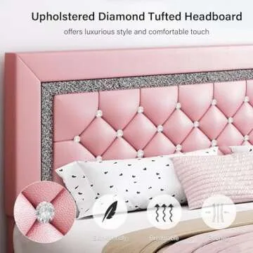Queen Bed Frame, Upholstered Platform Bed with Diamond Button Tufted Headboard, Pink Queen Bed Frame, Princess Bed Frame with Crystal Tufted Headboard, Wooden Slats Support, Easy Assembly, Pink