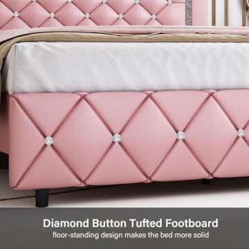 Queen Bed Frame, Upholstered Platform Bed with Diamond Button Tufted Headboard, Pink Queen Bed Frame, Princess Bed Frame with Crystal Tufted Headboard, Wooden Slats Support, Easy Assembly, Pink