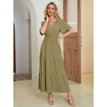 Amegoya Women's Summer Boho Maxi Dresses Casual V Neck Short Sleeve A-line Empire Waist Long Flowy B...