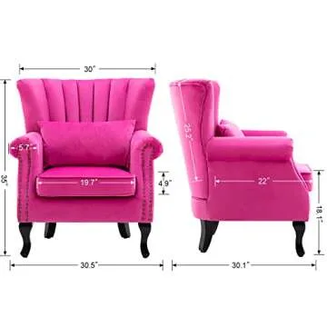 DM Furniture Mid Century Accent Chair Modern Tufted Wingback Armchair Club Chair Velvet Fabric Single Sofa Lounge Chair with Pillow for Living Room Bedroom, Rose Pink