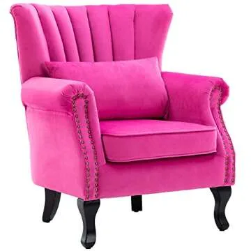 DM Furniture Mid Century Accent Chair Modern Tufted Wingback Armchair Club Chair Velvet Fabric Single Sofa Lounge Chair with Pillow for Living Room Bedroom, Rose Pink