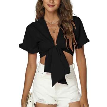 LYANER Women's Deep V Neck Tie Front Knot Ruffle Short Sleeve Crop Top Club Blouse Black Medium