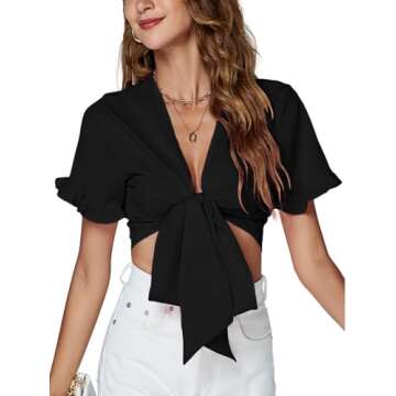 LYANER Women's Deep V Neck Tie Front Knot Ruffle Short Sleeve Crop Top Club Blouse Black Medium