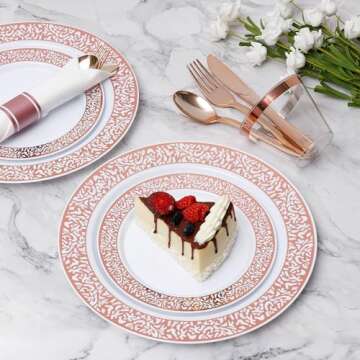 Goodluck 350 Piece Rose Gold Plastic Dinnerware Set for 50 Guests, Disposable Lace Plates for Party,...