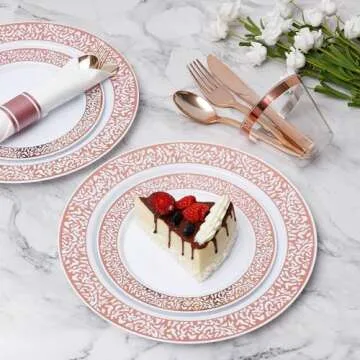Goodluck 350 Piece Rose Gold Plastic Dinnerware Set for 50 Guests, Disposable Lace Plates for Party,...