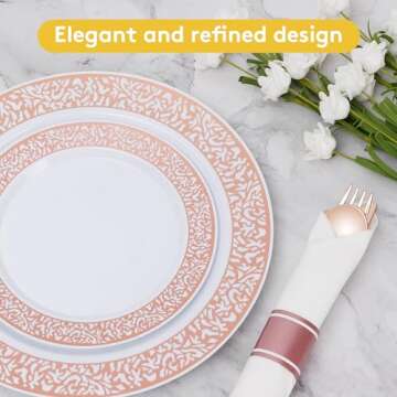 Goodluck 350 Piece Rose Gold Plastic Dinnerware Set for 50 Guests, Disposable Lace Plates for Party, Include: 50 Rose Gold Party Plates, 50 Dessert Plates, 50 Pre Napkins with Silverware, 50 Cups