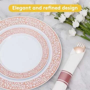 Goodluck 350 Piece Rose Gold Plastic Dinnerware Set for 50 Guests, Disposable Lace Plates for Party, Include: 50 Rose Gold Party Plates, 50 Dessert Plates, 50 Pre Napkins with Silverware, 50 Cups