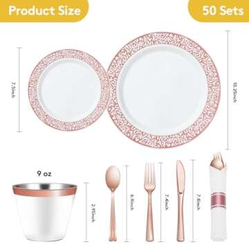 Goodluck 350 Piece Rose Gold Plastic Dinnerware Set for 50 Guests, Disposable Lace Plates for Party, Include: 50 Rose Gold Party Plates, 50 Dessert Plates, 50 Pre Napkins with Silverware, 50 Cups