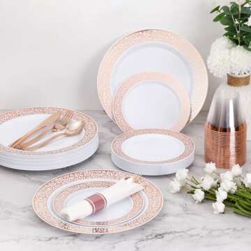 Goodluck 350 Piece Rose Gold Plastic Dinnerware Set for 50 Guests, Disposable Lace Plates for Party, Include: 50 Rose Gold Party Plates, 50 Dessert Plates, 50 Pre Napkins with Silverware, 50 Cups