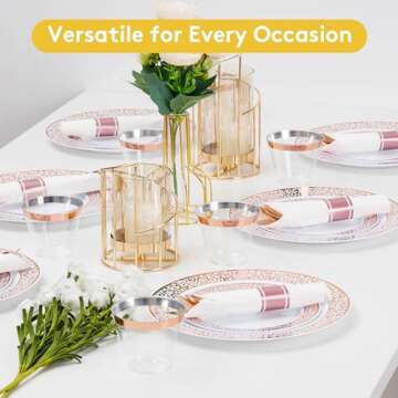 Goodluck 350 Piece Rose Gold Plastic Dinnerware Set for 50 Guests, Disposable Lace Plates for Party, Include: 50 Rose Gold Party Plates, 50 Dessert Plates, 50 Pre Napkins with Silverware, 50 Cups