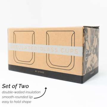 Ethoz® Double Walled Glass Tumblers – Insulated Borosilicate Cups, 8 fl.oz (Set of 2), Ideal for Coffee, Tea, Whiskey, Matcha | Elegant & Durable Design, Perfect for Holiday Gifts!