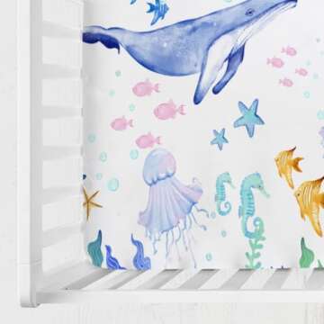 Ocean Animals Corals Sea Weeds Baby Crib Sheet 52''x28'' Colorful Nautical Life Fitted Crib Mattress Covers for Boy Girl Nursery Toddler Baby Bed Sheet Fits Standard Crib Toddler Mattress