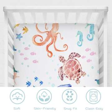 Ocean Animals Corals Sea Weeds Baby Crib Sheet 52''x28'' Colorful Nautical Life Fitted Crib Mattress Covers for Boy Girl Nursery Toddler Baby Bed Sheet Fits Standard Crib Toddler Mattress
