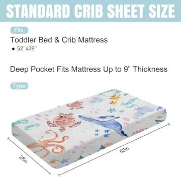 Ocean Animals Corals Sea Weeds Baby Crib Sheet 52''x28'' Colorful Nautical Life Fitted Crib Mattress Covers for Boy Girl Nursery Toddler Baby Bed Sheet Fits Standard Crib Toddler Mattress
