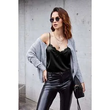 Ekouaer Women's Satin Camisole Lace Silk Satin Pajama Tank Tops V Neck Soft Spaghetti Strap Loose Sleepwear Black XL