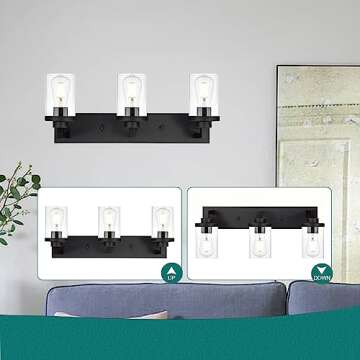 QueeuQ 3 Light Farmhouse Bathroom Vanity Light Fixtures Black Vanity Light with Clear Glass Industrial Wall Lighting Rustic Sconces Wall Mount Lamp for Living Room Hallway