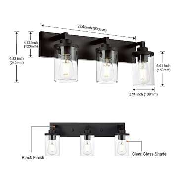 QueeuQ 3 Light Farmhouse Bathroom Vanity Light Fixtures Black Vanity Light with Clear Glass Industrial Wall Lighting Rustic Sconces Wall Mount Lamp for Living Room Hallway