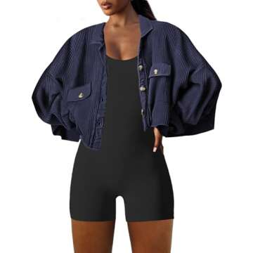 Panadila Womens Cropped Jacket Waffle Knit Shacket Trendy Button Up Shirts 2024 Long Sleeve Tops(Navy,M)