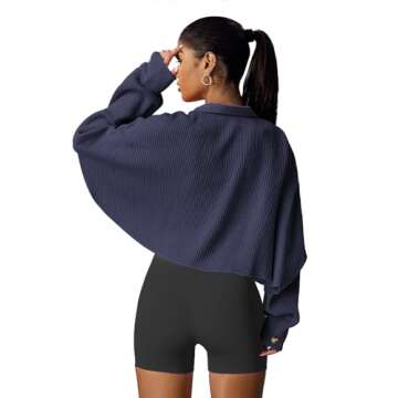 Panadila Womens Cropped Jacket Waffle Knit Shacket Trendy Button Up Shirts 2024 Long Sleeve Tops(Navy,M)
