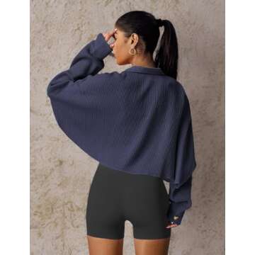 Panadila Womens Cropped Jacket Waffle Knit Shacket Trendy Button Up Shirts 2024 Long Sleeve Tops(Navy,M)