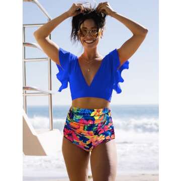 SPORLIKE Women's Ruffle High Waist Bikini - Tropical Design