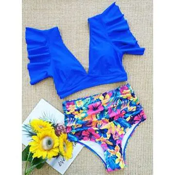 SPORLIKE Women's Ruffle High Waist Bikini - Tropical Design