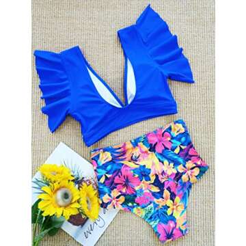 SPORLIKE Women's Ruffle High Waist Bikini - Tropical Design