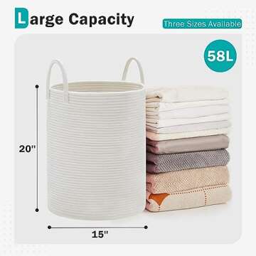 Cotton Rope Laundry Hamper by YOUDENOVA, 58L - Woven Collapsible Laundry Basket - Clothes Storage Ba...