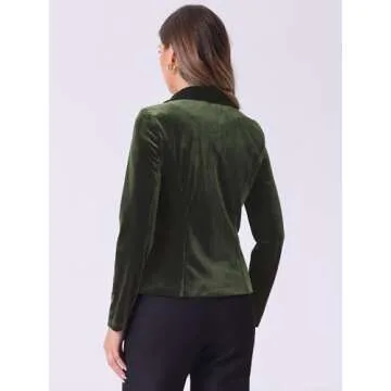 Allegra K Women's Suit Jacket Notched Lapel Long Sleeve Office Business Button Velvet Blazer Medium Army Green