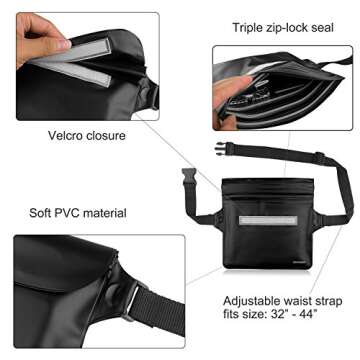 Waterproof Waist Pouch 2-Pack | Beach Accessories Waterproof Fanny Pack Dry Bag for Swimming Snorkeling Sailing Kayaking Pool Water Parks | Keep Your Phone Wallet Safe and Dry (Black & Black)