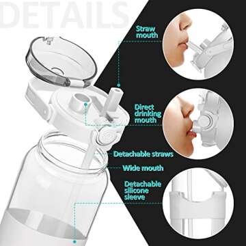 BLUEGO 56oz Glass Water Bottles with Straw Time Marker Half Gallon Large Motivational Water Bottle with Silicone Sleeve 2 Liter Large Glass Water Jug for Gym, Sports&Workout, Daily, White