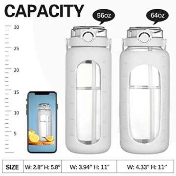 BLUEGO 56oz Glass Water Bottles with Straw Time Marker Half Gallon Large Motivational Water Bottle with Silicone Sleeve 2 Liter Large Glass Water Jug for Gym, Sports&Workout, Daily, White