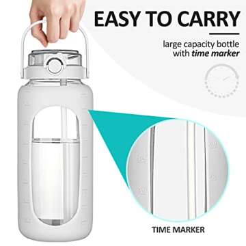 BLUEGO 56oz Glass Water Bottles with Straw Time Marker Half Gallon Large Motivational Water Bottle with Silicone Sleeve 2 Liter Large Glass Water Jug for Gym, Sports&Workout, Daily, White