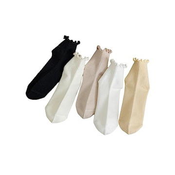 WDIRARA Women's 5 Pairs Lettuce Trim Ankle Socks Casual Socks Knit Socks Lettuce Multicolor one-size