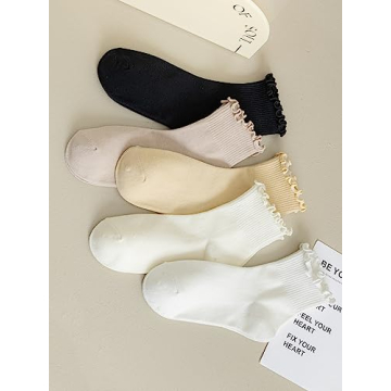 WDIRARA Women's 5 Pairs Lettuce Trim Ankle Socks Casual Socks Knit Socks Lettuce Multicolor one-size