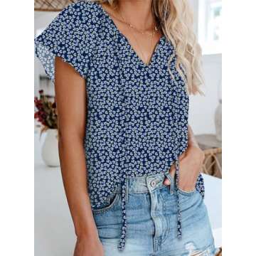 Dokotoo Ladies Summer Floral Printed V Neck Chiffon Blouse - Bohemian Style