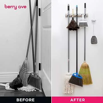 Broom Holder Wall Mount and Garden Tool Organizer, Closet Storage, Kitchen Rack, Home Organization and Garage Organizer for Rake or Mop Handles Up to 1.25-Inches, Hanger Plus 6 Hooks (BEIGE, 1 PACK)