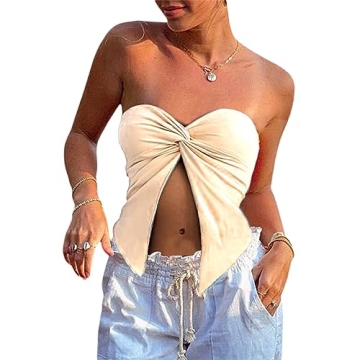 WPNAKS Women Sexy Strapless Tube Top Summer Y2k Going Out Tops Twist Knot Split Front Bandeau Crop S...