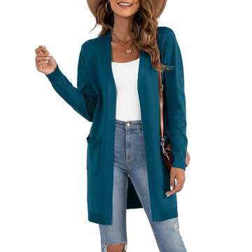 VIISHOW Women's Long Sleeve Open Front Draped Loose Knit Midi Length Lightweight Cardigan Sweater Coat with Pockets, Peacock Blue, Medium