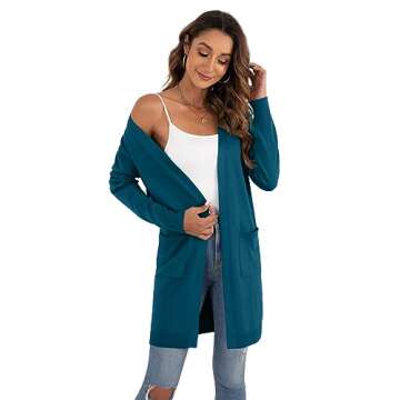 VIISHOW Women's Long Sleeve Open Front Draped Loose Knit Midi Length Lightweight Cardigan Sweater Coat with Pockets, Peacock Blue, Medium