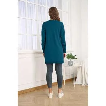 VIISHOW Women's Long Sleeve Open Front Draped Loose Knit Midi Length Lightweight Cardigan Sweater Coat with Pockets, Peacock Blue, Medium