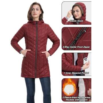 33,000ft Women's Long Puffer Jacket with Hood, Lightweight Warm Puffy Quilted Winter Coats