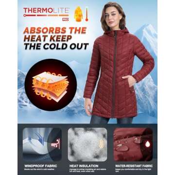 33,000ft Women's Long Puffer Jacket with Hood, Lightweight Warm Puffy Quilted Winter Coats