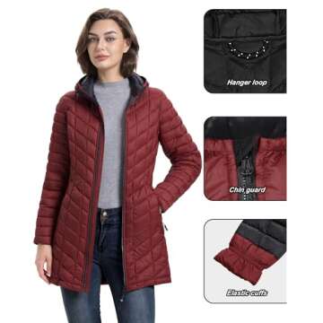 33,000ft Women's Long Puffer Jacket with Hood, Lightweight Warm Puffy Quilted Winter Coats
