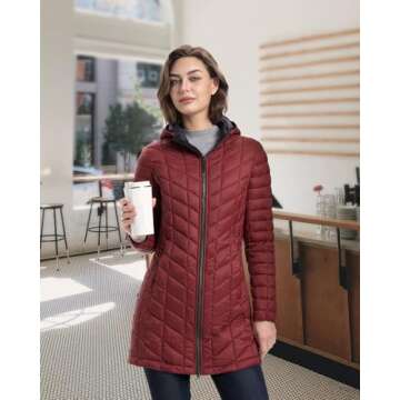 33,000ft Women's Long Puffer Jacket with Hood, Lightweight Warm Puffy Quilted Winter Coats