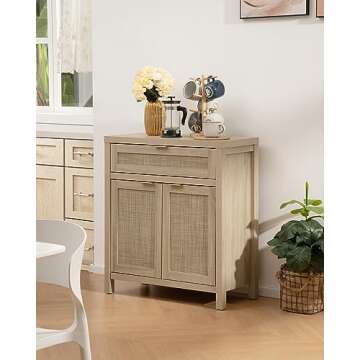 SICOTAS Sideboard Buffet Storage Cabinet, Rattan Accent Cabinet with Doors and Drawer, Boho Credenzas Buffet Table Console Coffee Bar Cabinet for Entryway Living Room, Natural