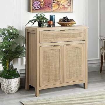 SICOTAS Sideboard Buffet Storage Cabinet, Rattan Accent Cabinet with Doors and Drawer, Boho Credenzas Buffet Table Console Coffee Bar Cabinet for Entryway Living Room, Natural