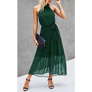 PRETTYGARDEN Women’s Casual Halter Neck Sleeveless Floral Long Maxi Dress Backless Loose Ruffle Sundress with Belt (Solid Dark Green,X-Large)