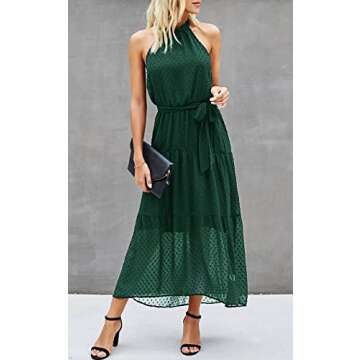 PRETTYGARDEN Women’s Casual Halter Neck Sleeveless Floral Long Maxi Dress Backless Loose Ruffle Sundress with Belt (Solid Dark Green,X-Large)